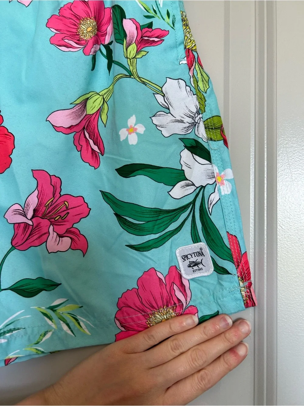 Men's Turquoise Floral Swim Trunks with Pink Flower Print
